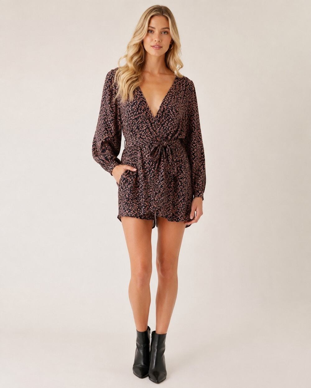 Free People Clara Tunic XS Black Orange Floral Tie Front Boho Mini Dress Viscose